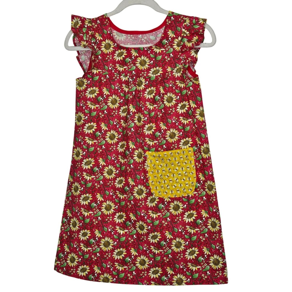 Handmade Girls Sleeveless‎ Sunflower & Bee Print Dress With Pocket Size 10